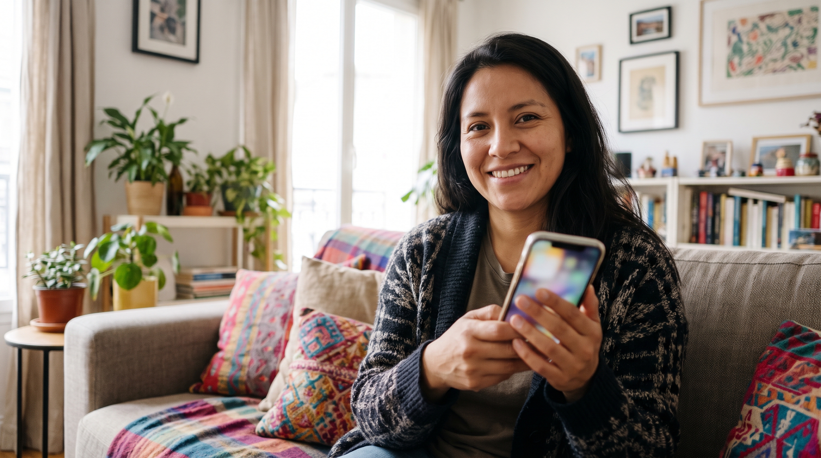 Foto de una mujer sonriendo con su celular en la sala de su casa