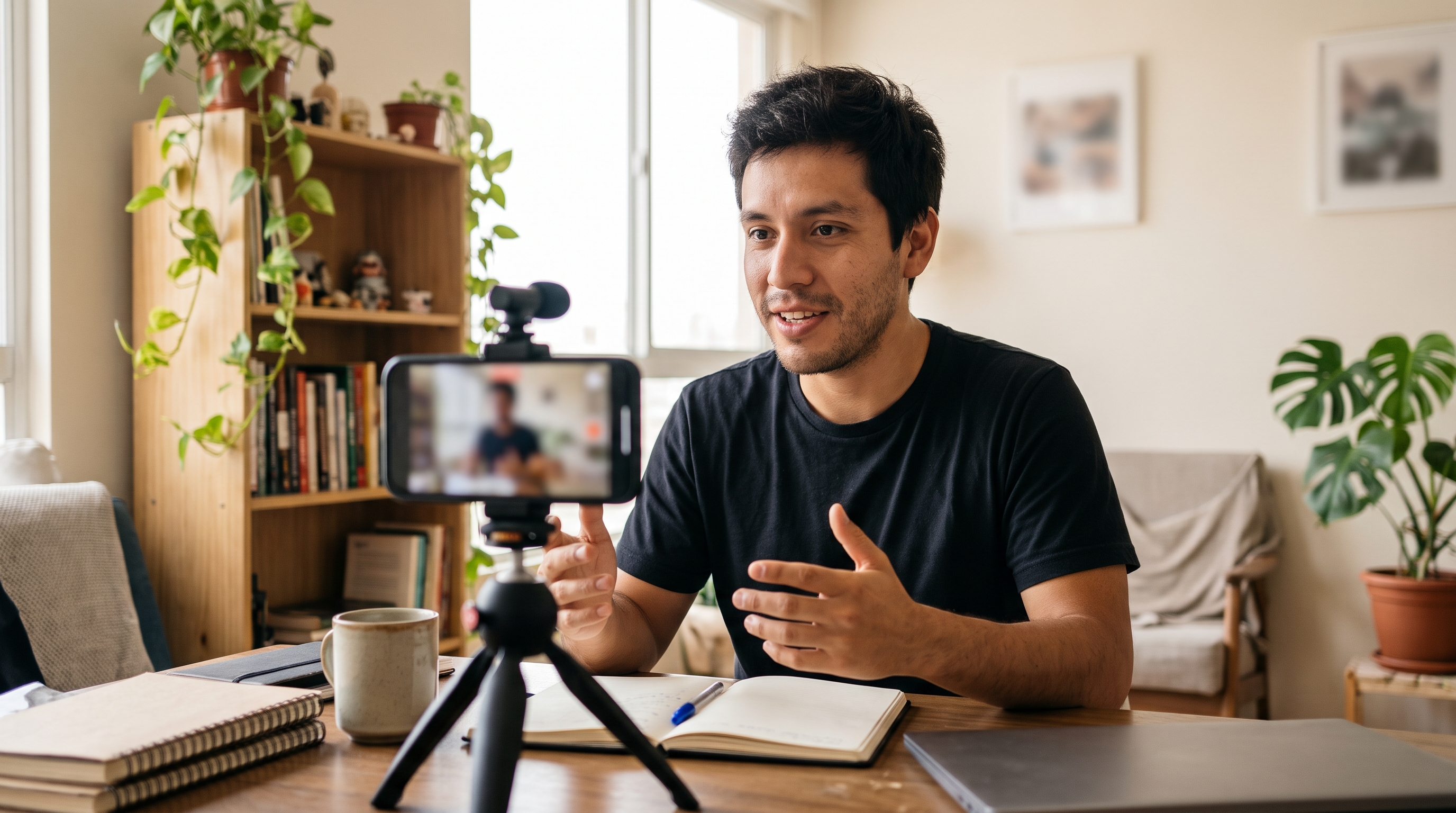 Foto de un creador grabando un video con su celular montado en un tripié