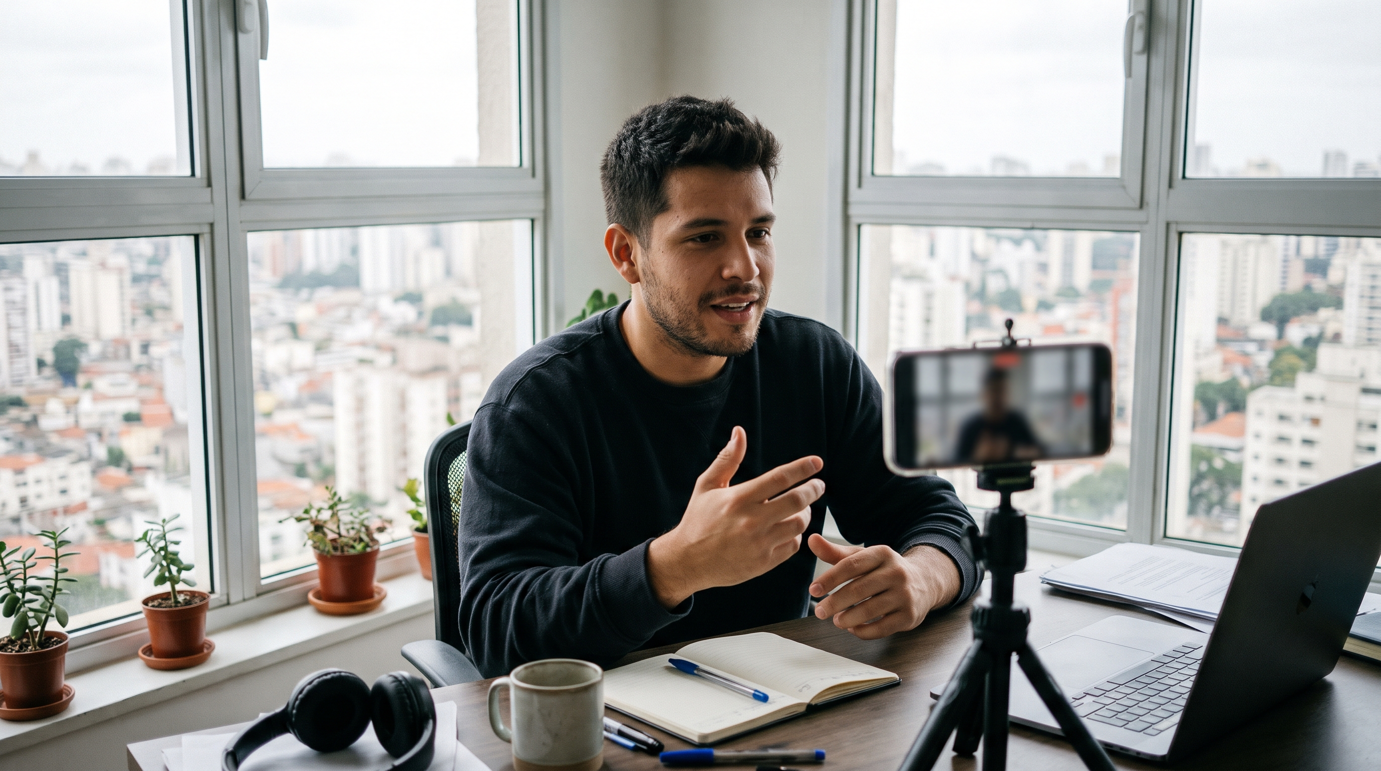 Foto de un hombre grabando un video con su celular frente a una ventana con vista a la ciudad