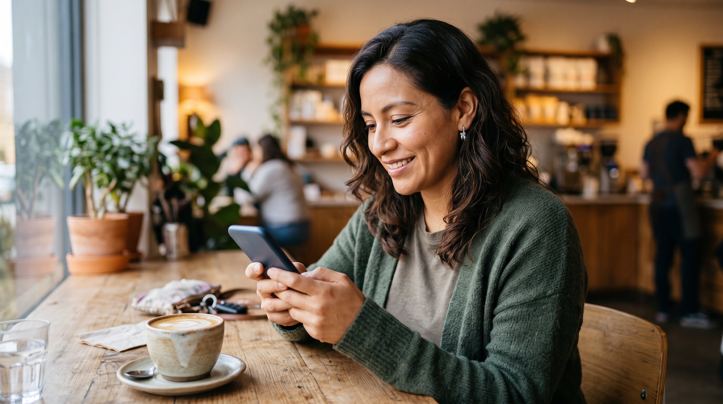 Foto de una mujer usando su celular en una cafetería, con una taza de café en la mesa