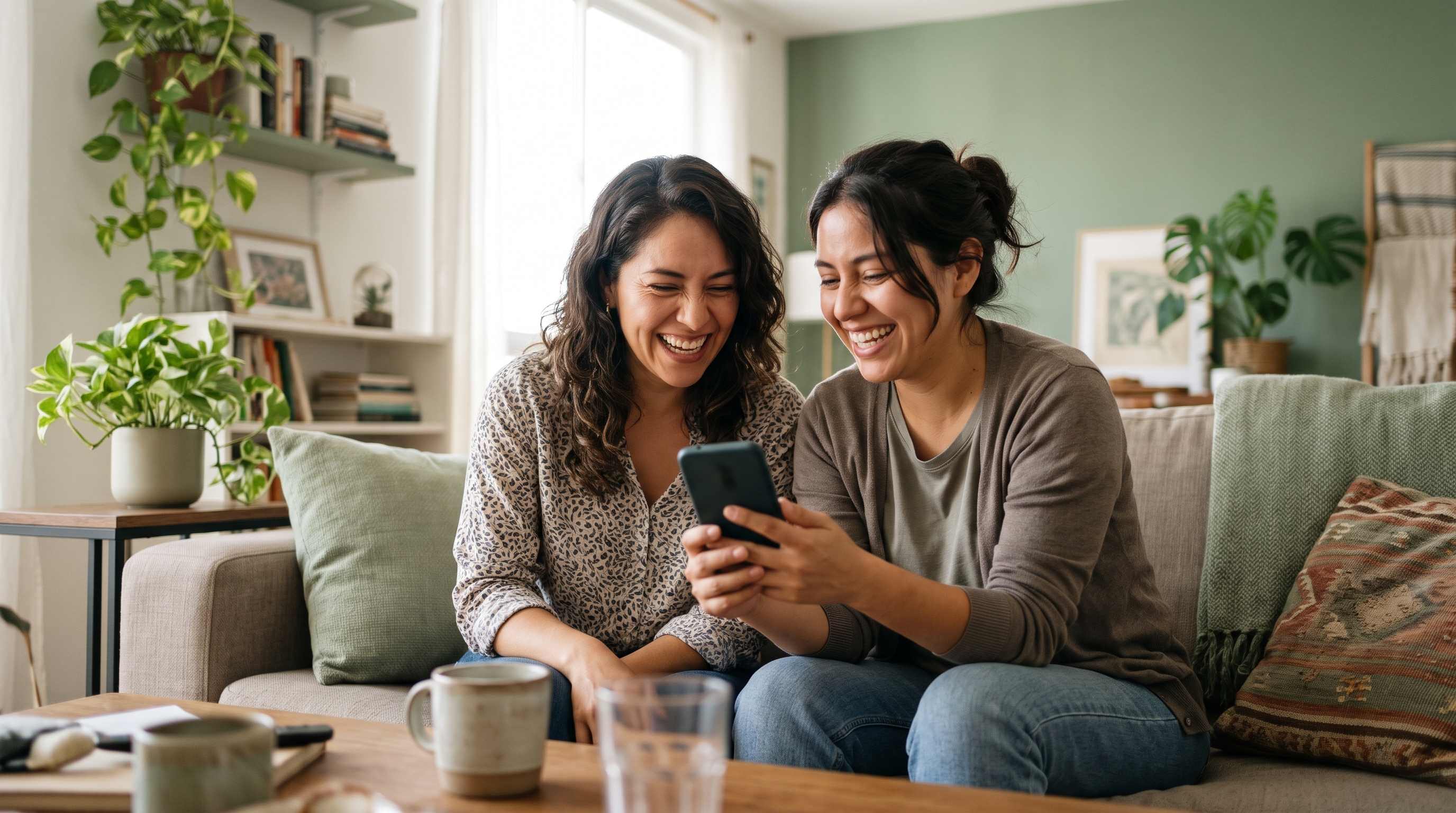 Foto de dos amigas riendo mientras miran un celular en un sillón