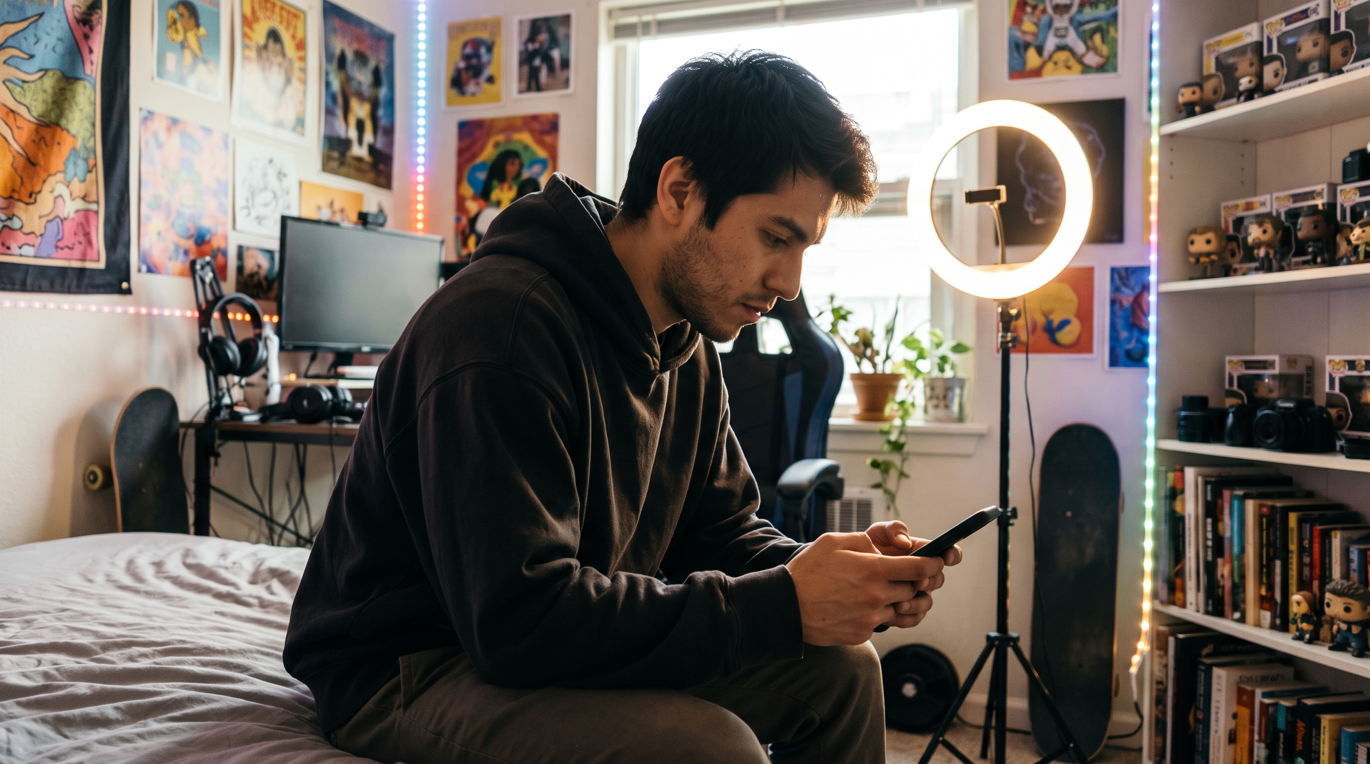 Foto de un joven creador revisando su celular junto a un aro de luz en su cuarto
