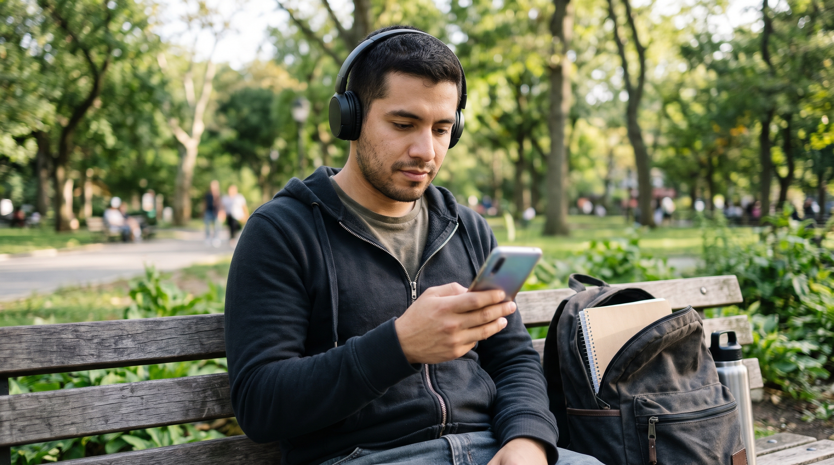 Foto de un joven con audífonos estudiando con su celular en una banca del parque