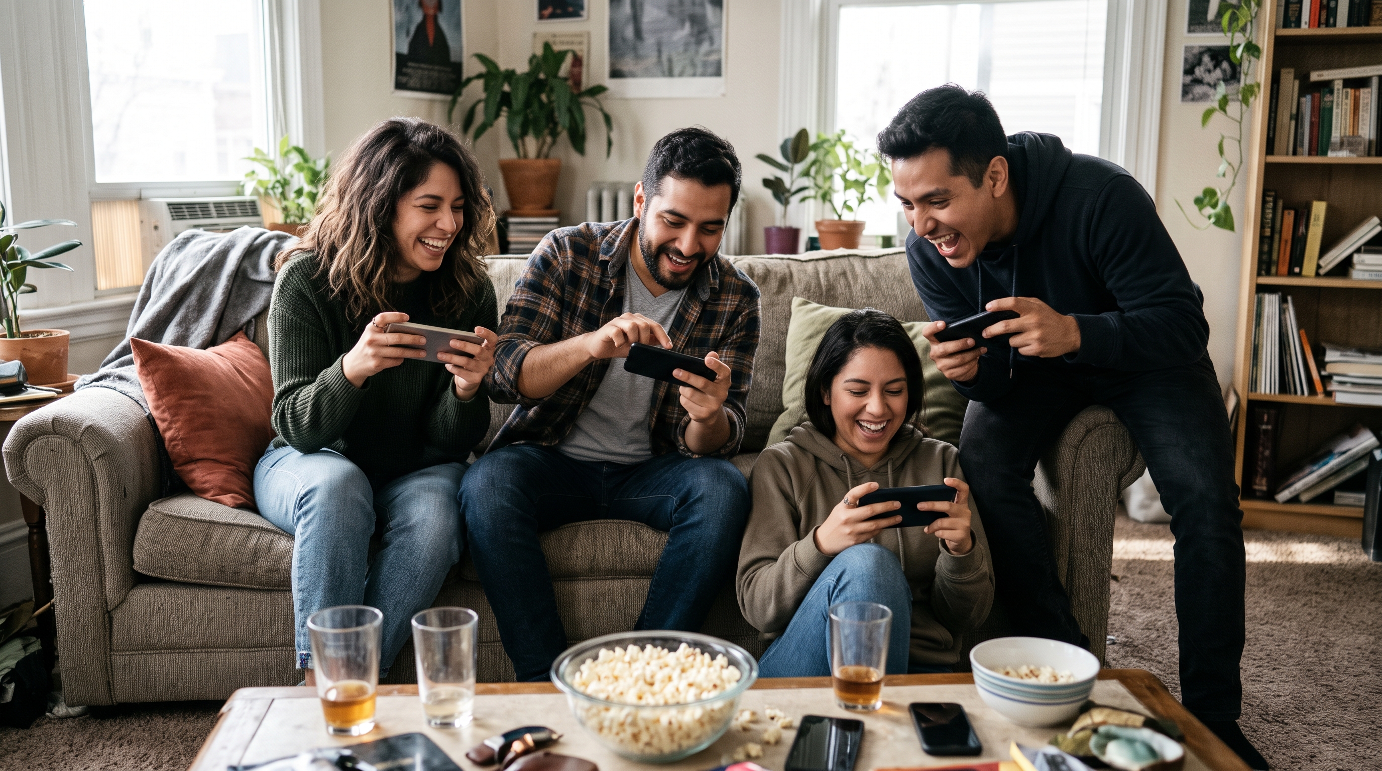 Foto de cuatro amigos jugando en sus celulares en la sala de una casa