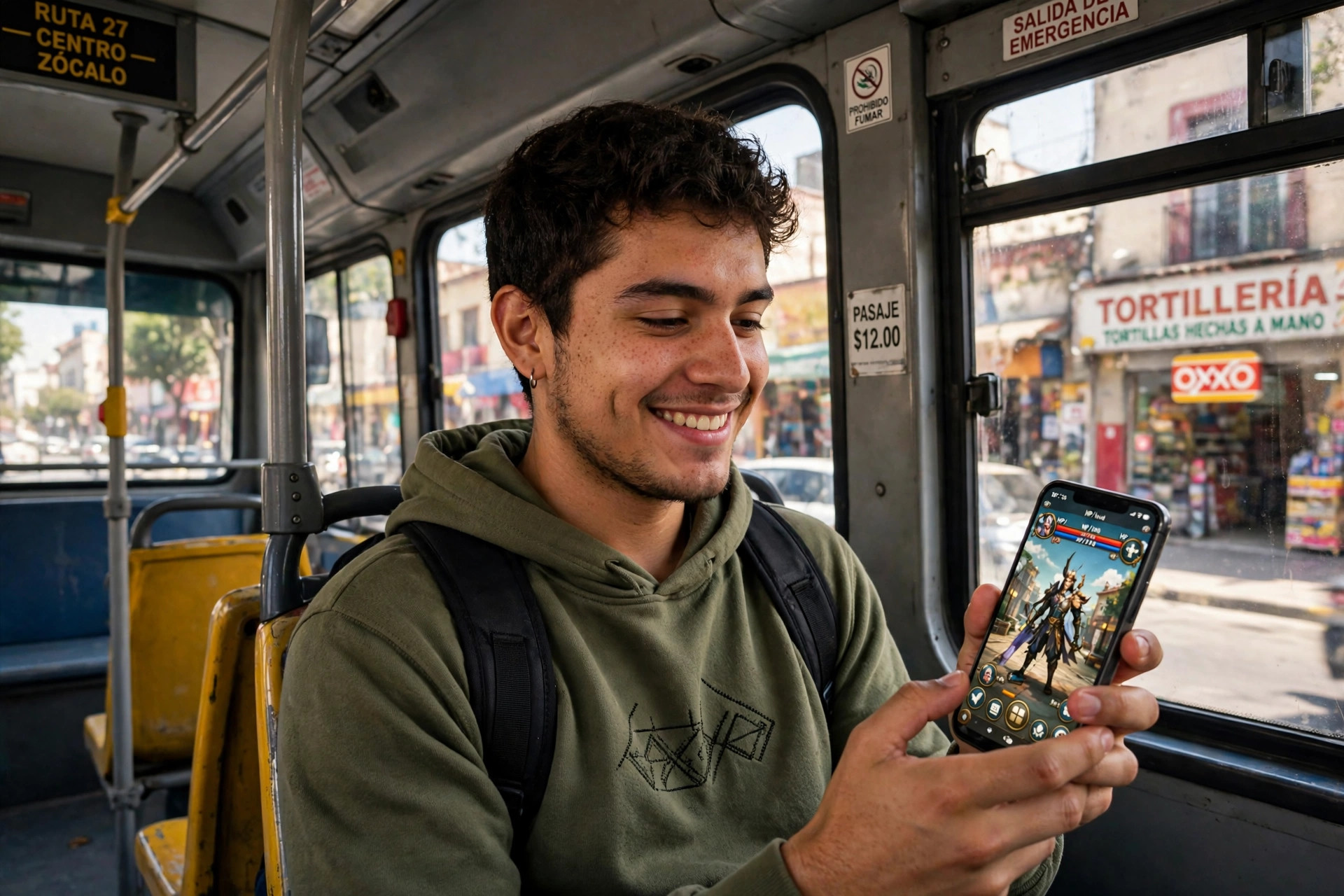 Foto de un joven jugando en su celular mientras viaja en camión