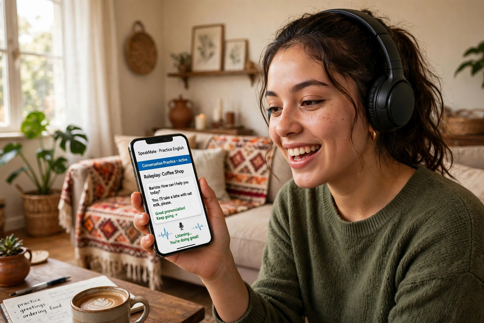 Foto de una joven con audífonos practicando inglés con su celular en casa
