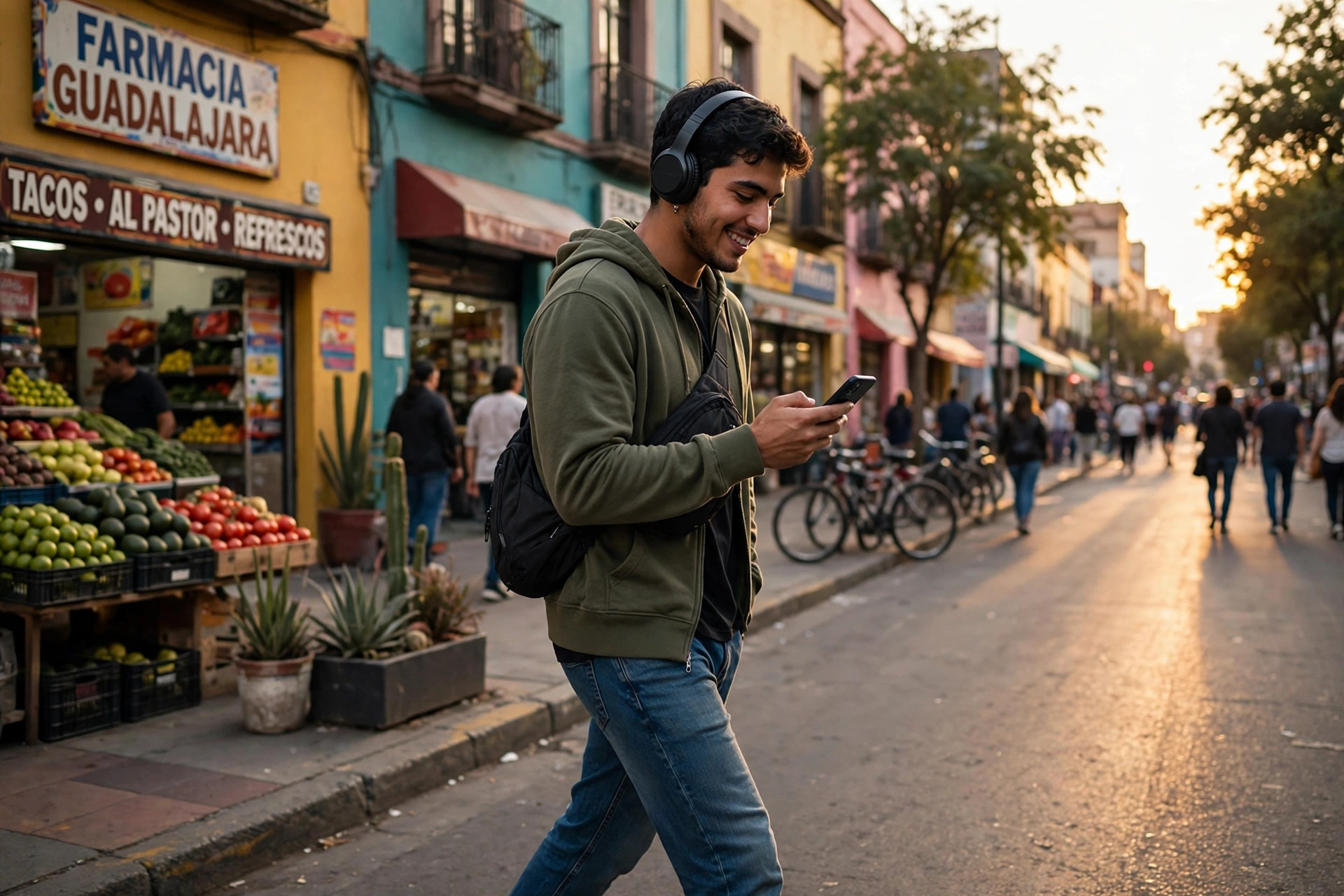 Foto de un joven con audífonos escuchando música en su celular en la calle