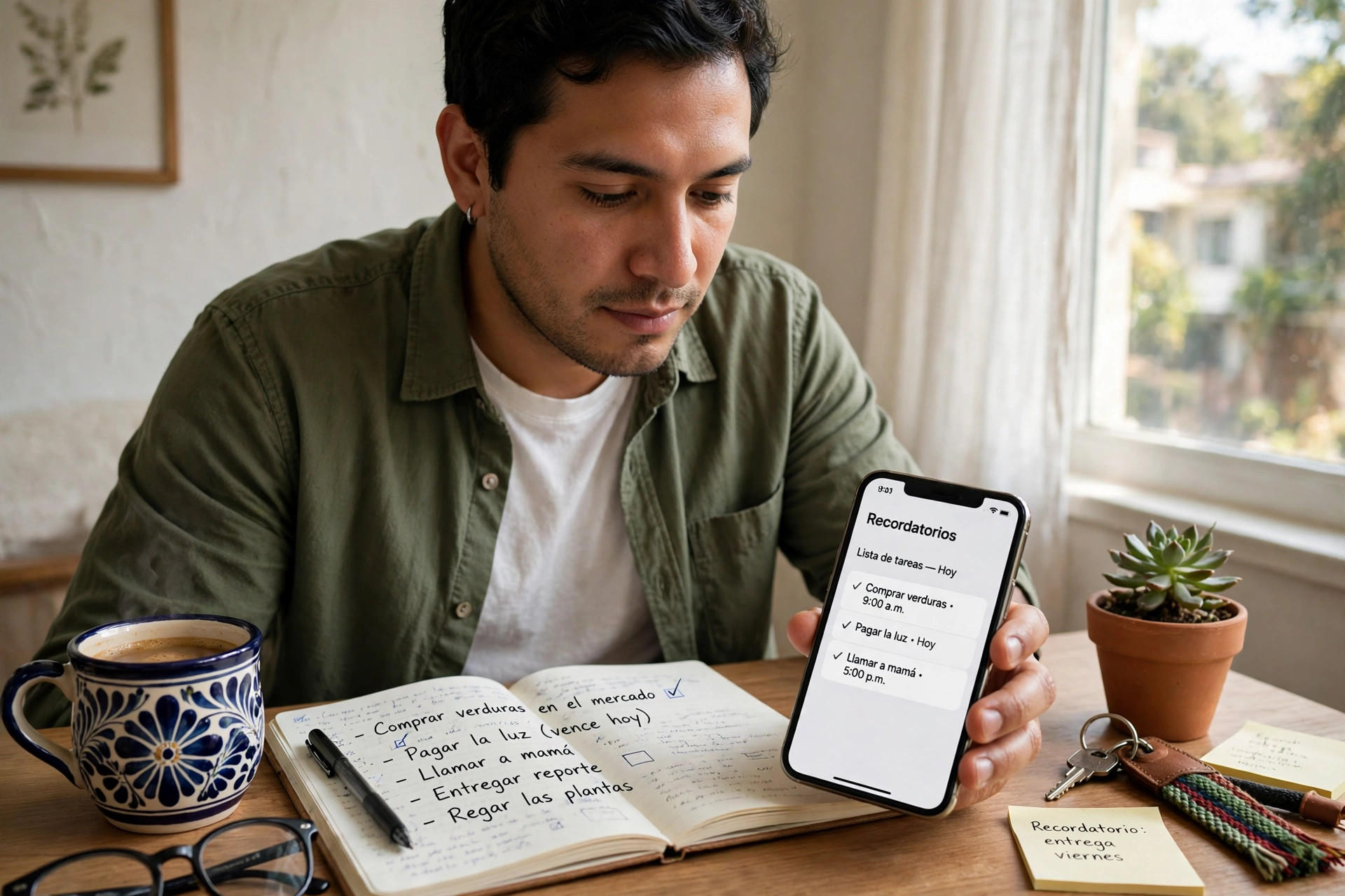 Foto de un hombre revisando su lista de tareas en el celular en su escritorio