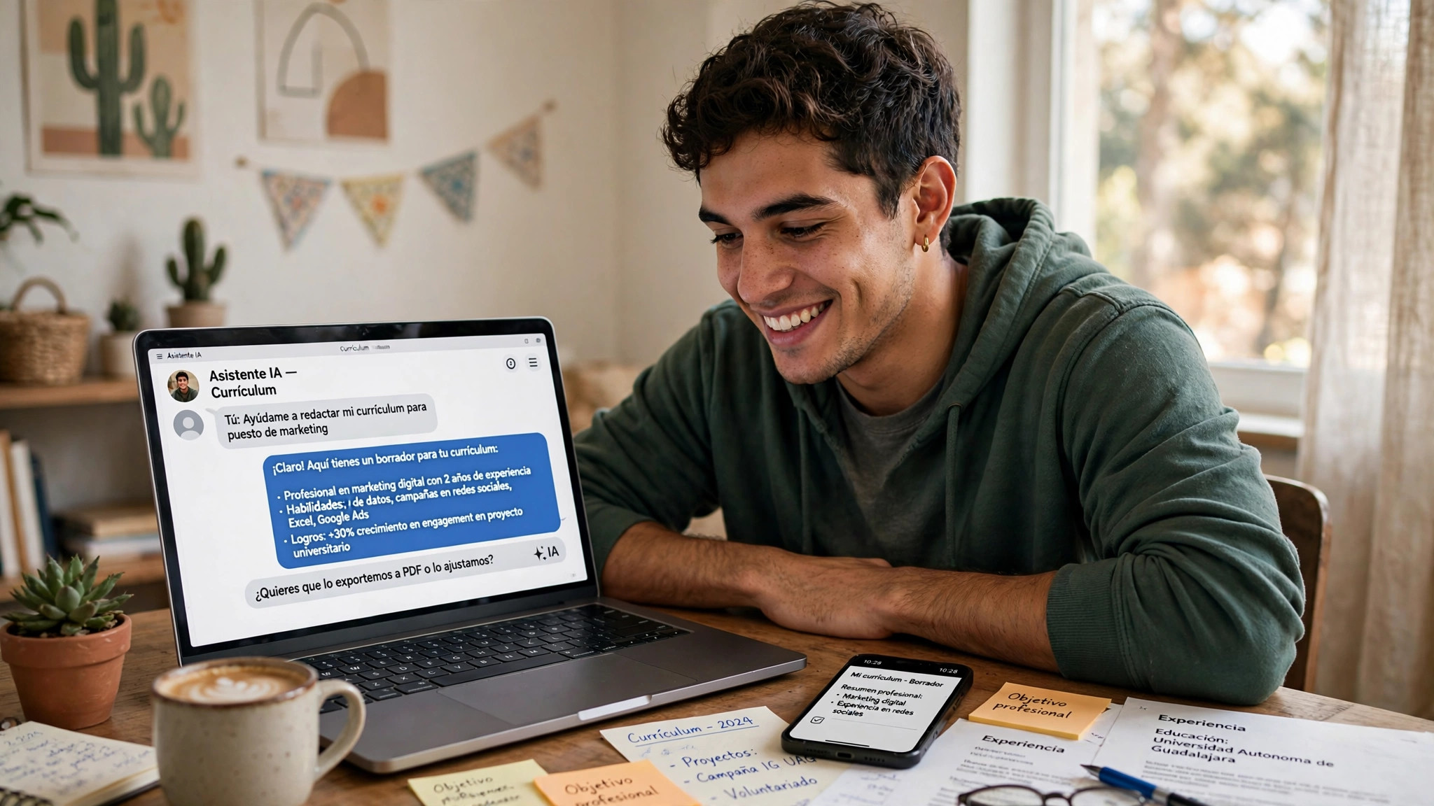 Foto de un joven preparando su currículum en la laptop con ayuda de su celular