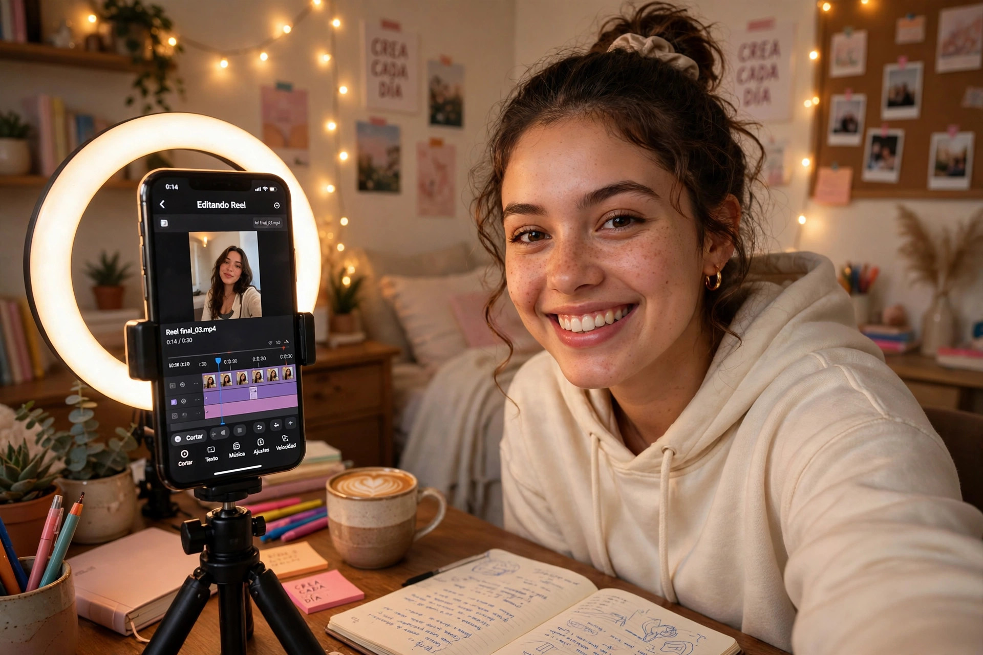 Foto de una creadora editando un video vertical en su celular con un aro de luz