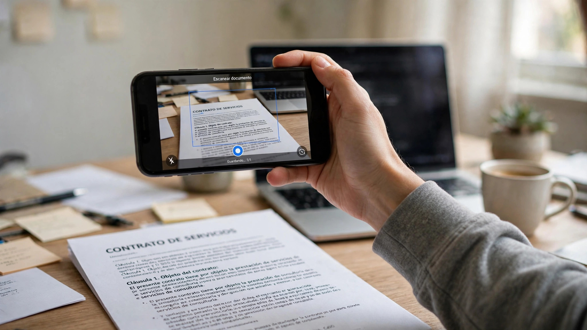 Foto de una persona escaneando un documento en papel con su celular sobre un escritorio