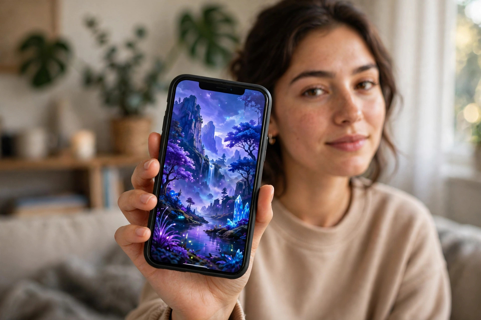 Foto de una persona sosteniendo un celular con un fondo de pantalla colorido creado con IA
