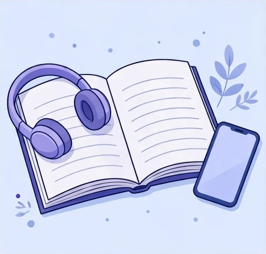 Ilustración de un libro abierto con audífonos y un celular al lado