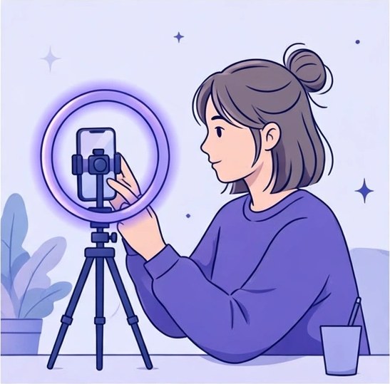 Ilustración de una creadora grabando con su celular y un aro de luz