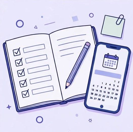 Ilustración de una agenda abierta con lista de tareas, un lápiz y un celular con calendario