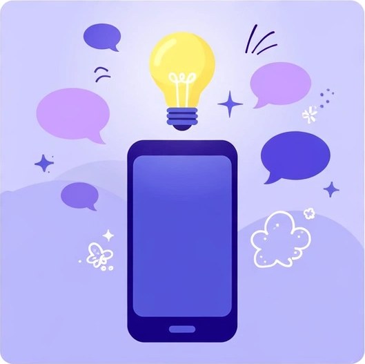 Ilustración de un celular con un foco encendido y burbujas de ideas