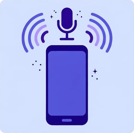 Ilustración de un celular con un micrófono y ondas de voz