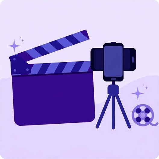 Ilustración de una claqueta de cine y un celular en un tripié