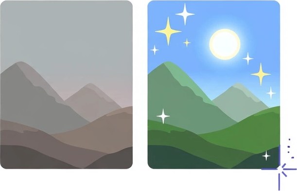 Ilustración comparando una foto apagada con la misma foto mejorada y llena de color