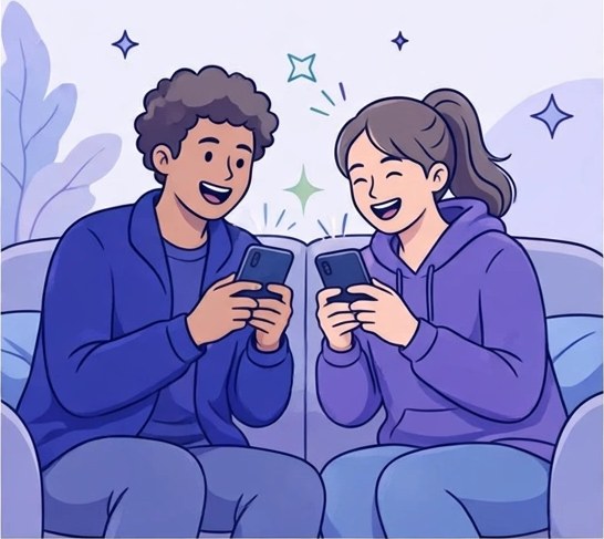 Ilustración de dos amigos riendo mientras juegan en sus celulares