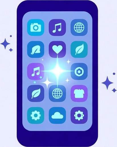 Ilustración de un celular con muchas aplicaciones e iconos de colores