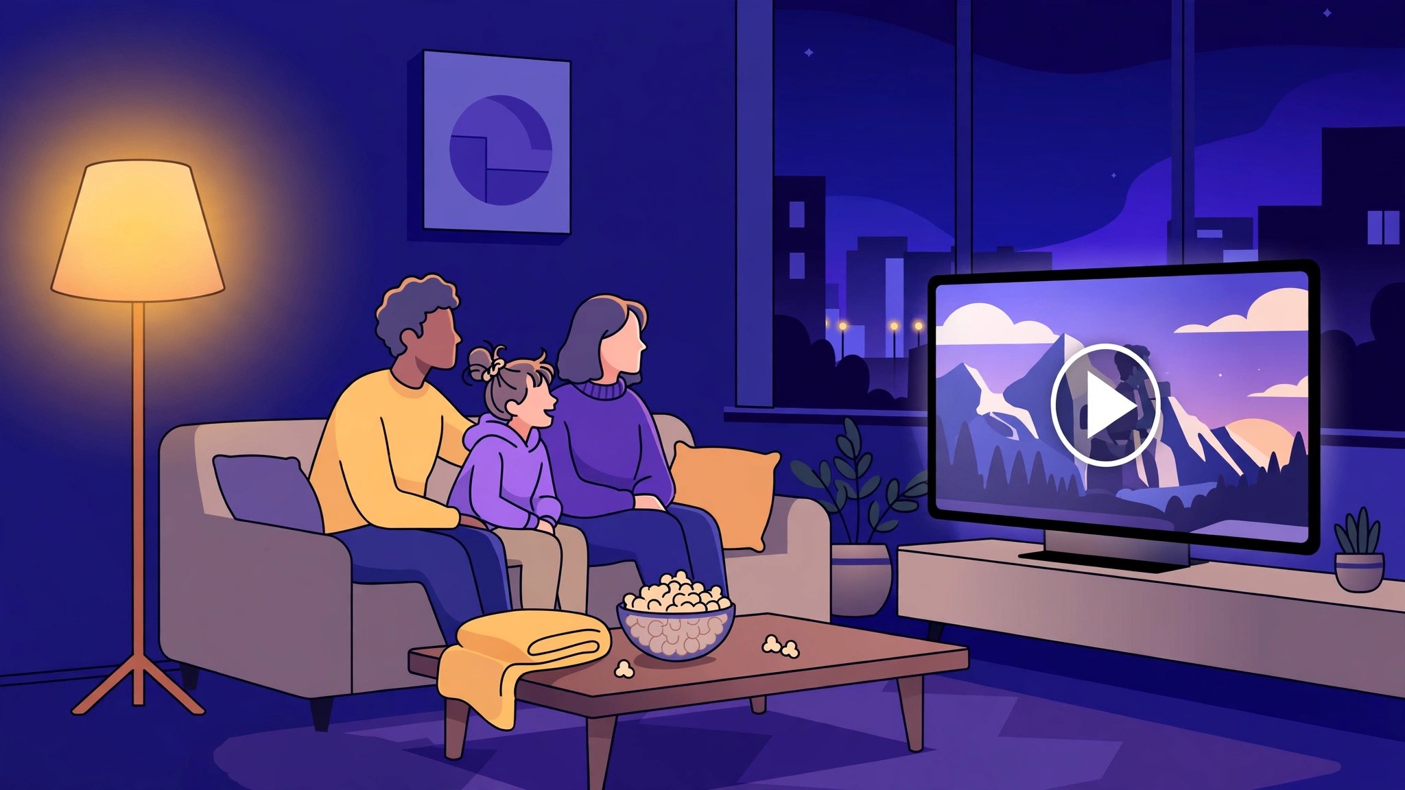 Ilustración de una familia viendo una película en la sala de su casa