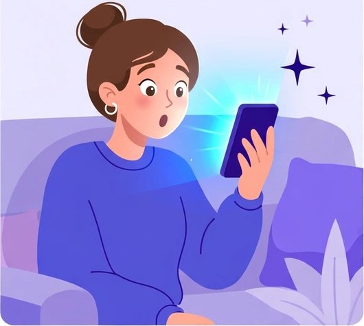 Ilustración de una mujer sorprendida mirando la pantalla de su celular