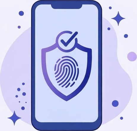 Ilustración de un celular con un escudo, una huella digital y una palomita de verificación