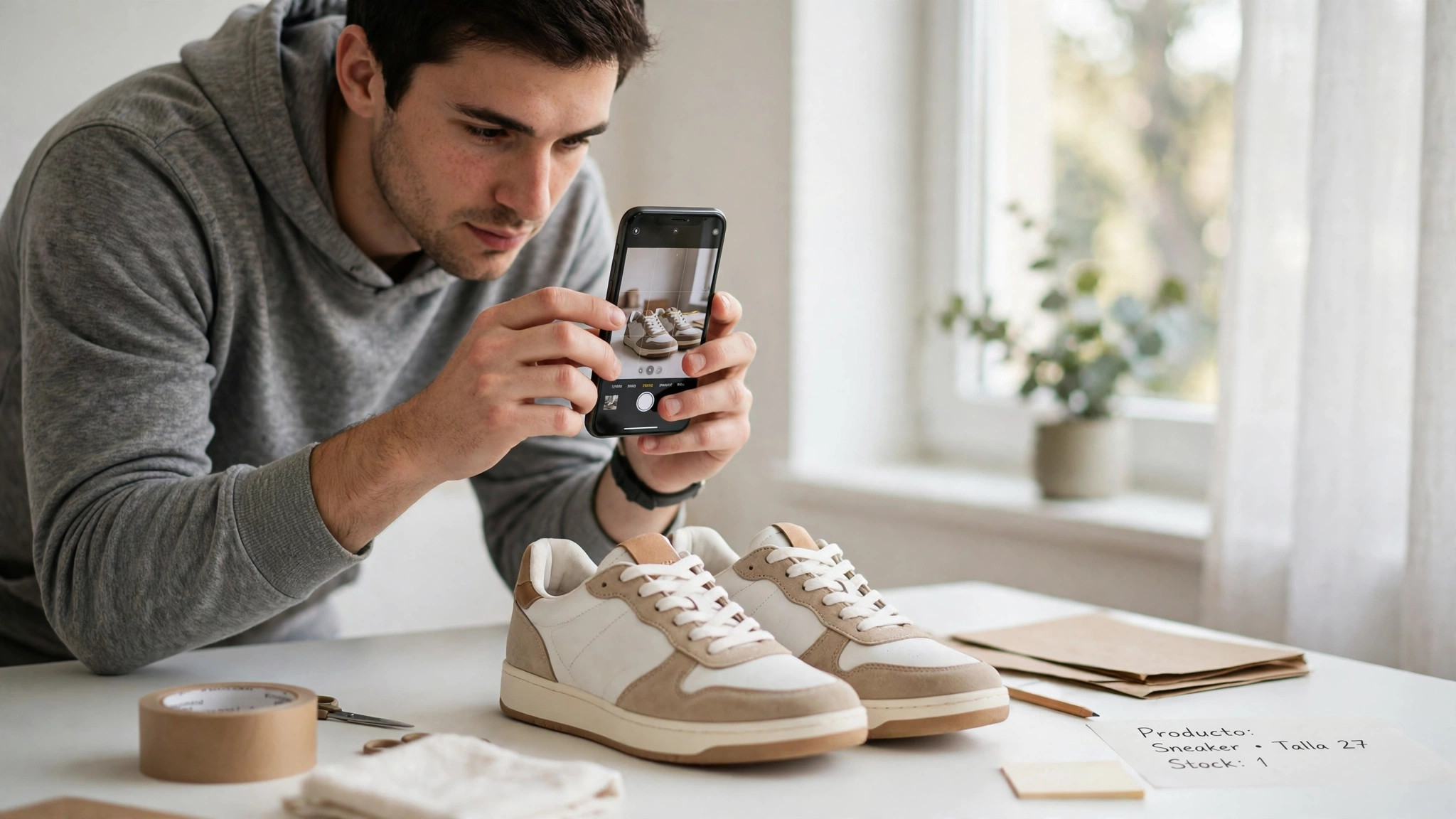 Foto de una persona fotografiando un producto con su celular para venderlo en línea