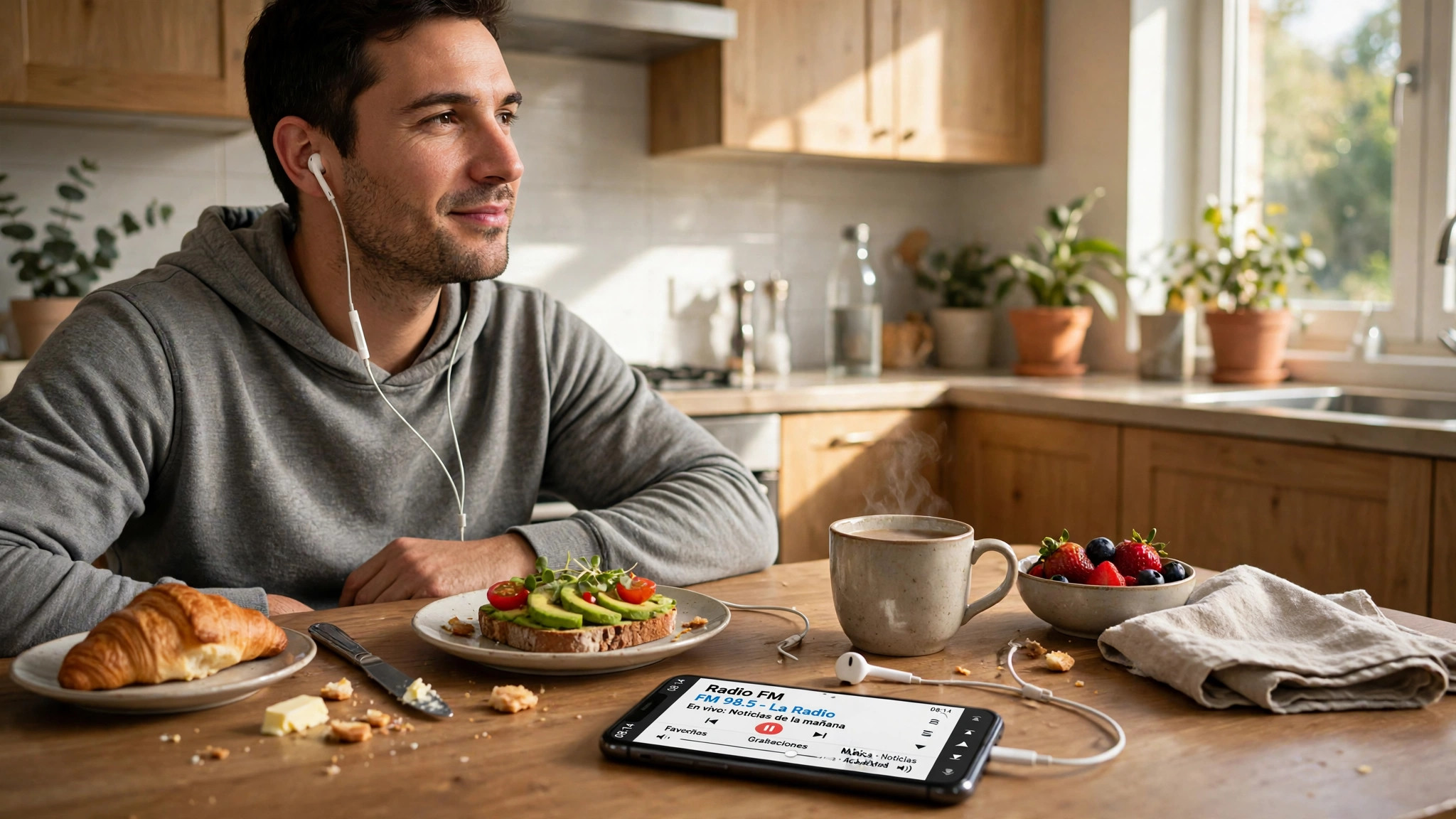 Foto de un hombre con audífonos escuchando radio en su celular durante el desayuno