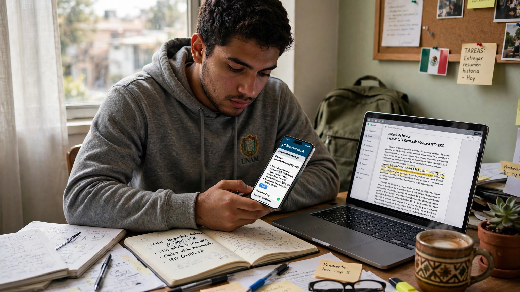 Foto de un estudiante usando su celular para resumir un texto junto a sus cuadernos