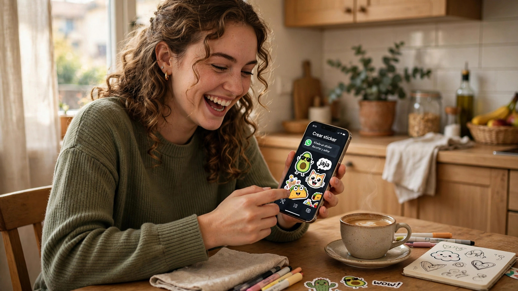 Foto de una joven riendo mientras crea stickers en WhatsApp con su celular