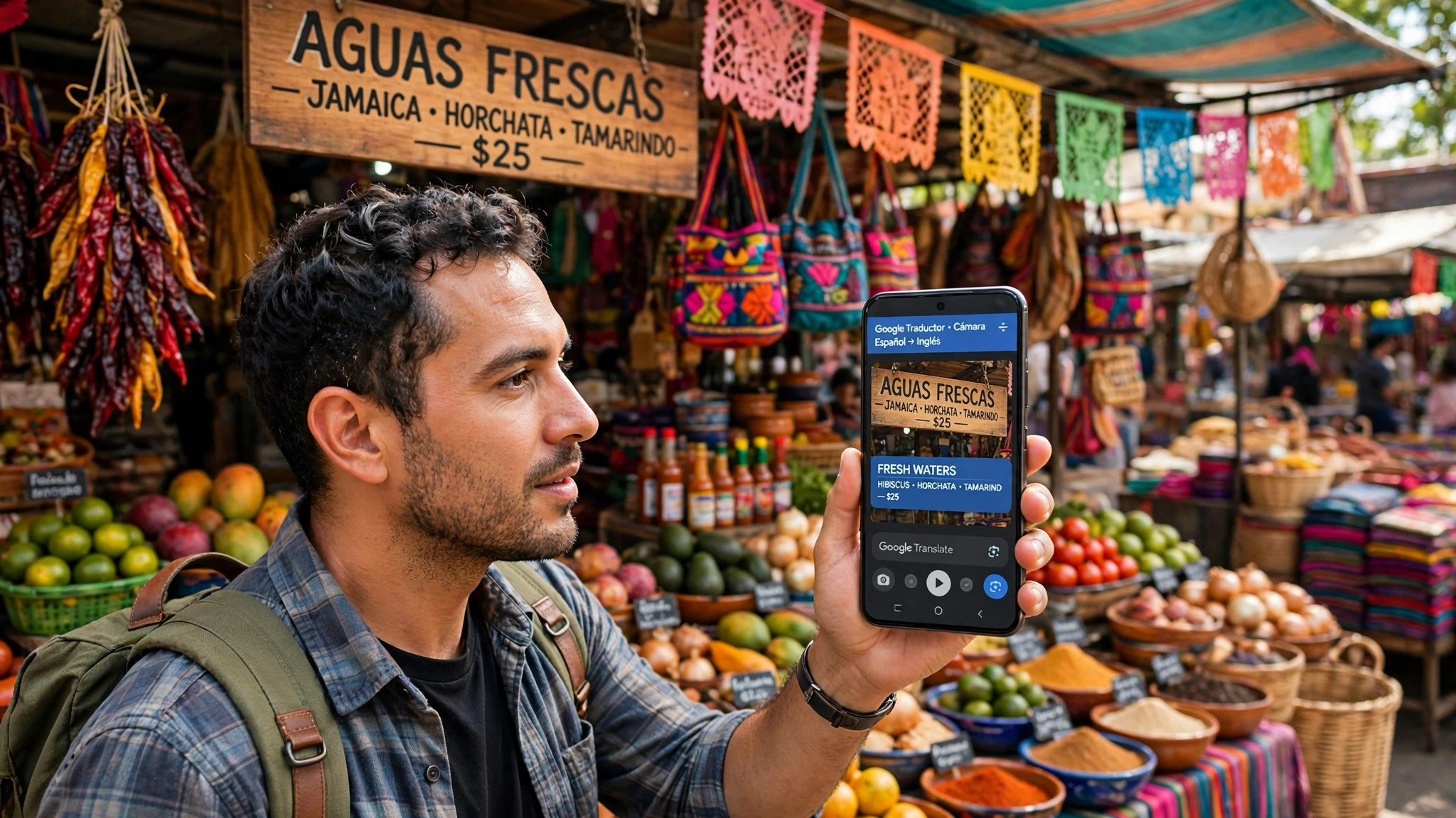 Foto de un viajero apuntando la cámara de su celular a un letrero para traducirlo