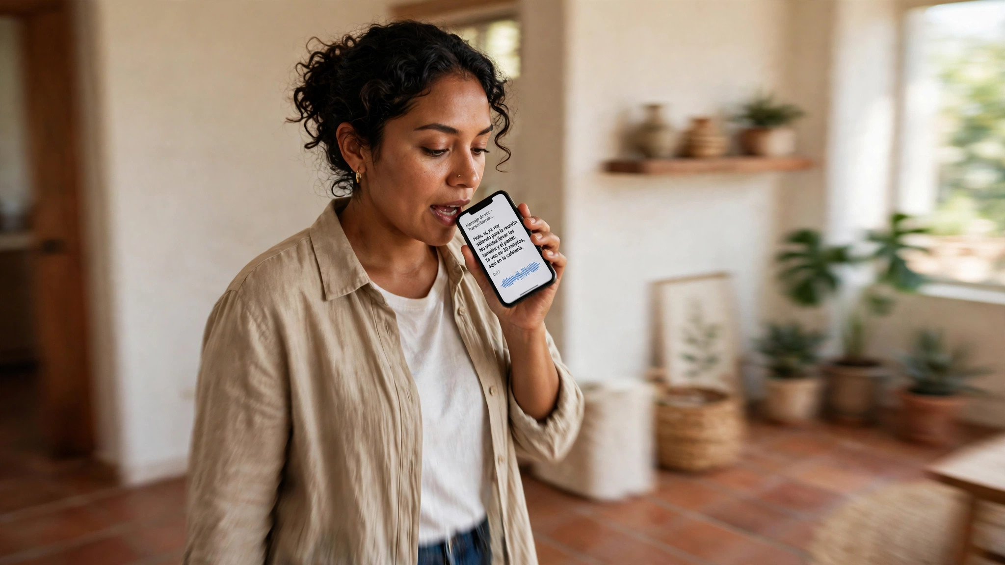Foto de una mujer dictando un mensaje en su celular mientras el texto aparece en la pantalla